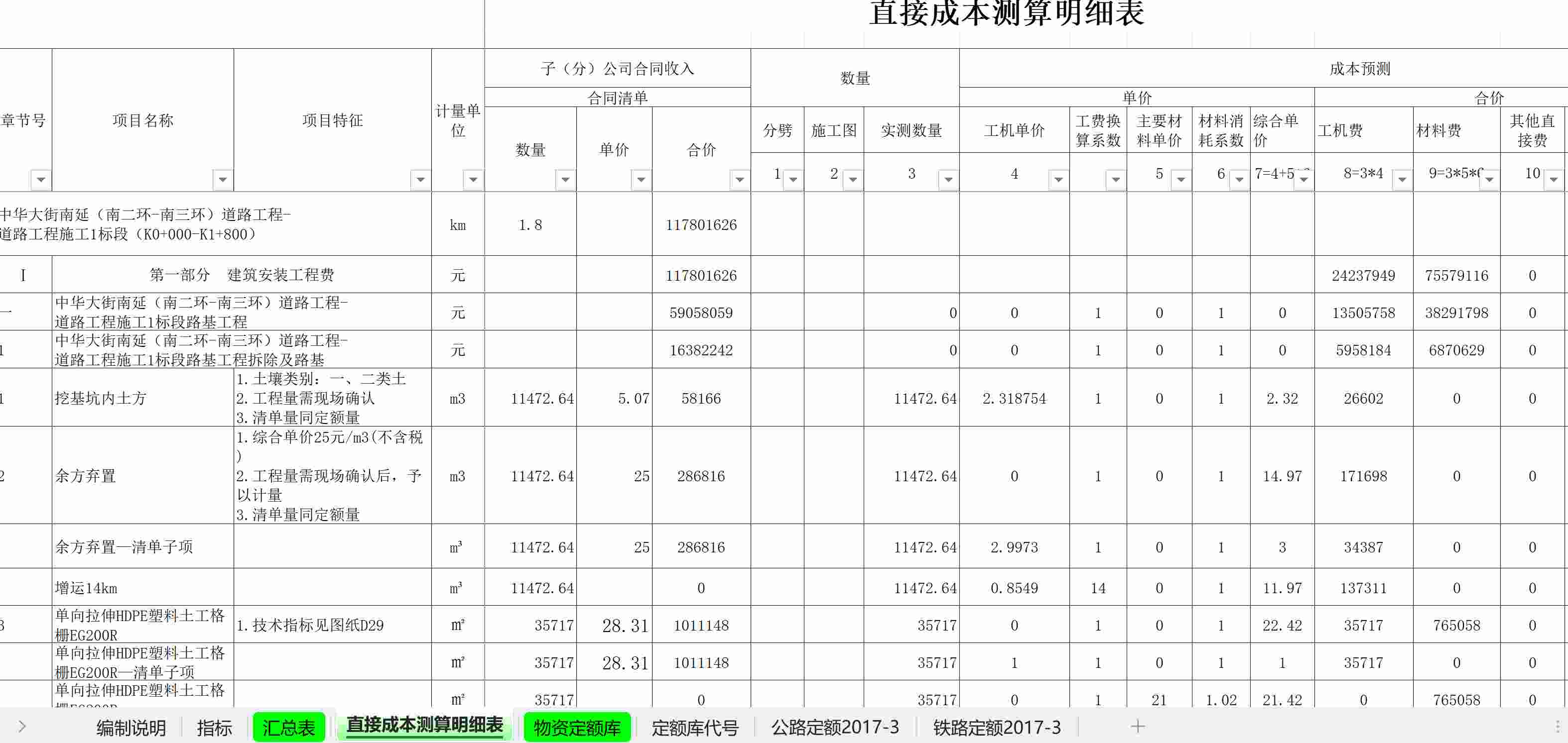 中铁某公路工程成本测算表(带公式-直接套定额)