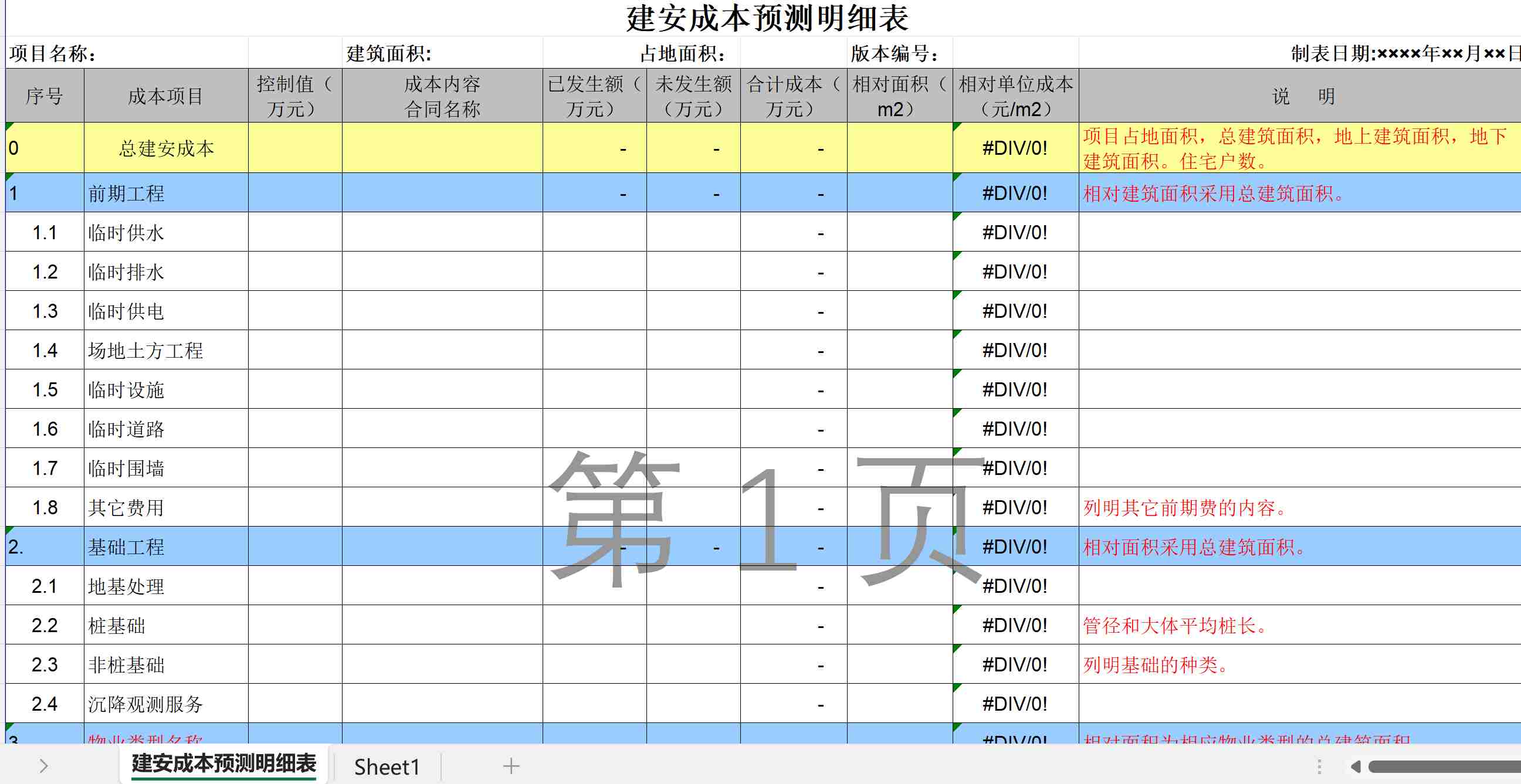 建安成本预测明细表表样