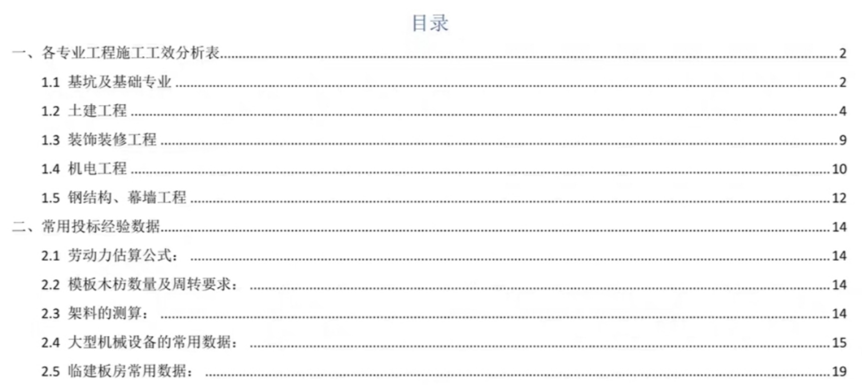 土建装饰机电安装钢结构等各专业工程施工工效经验数据